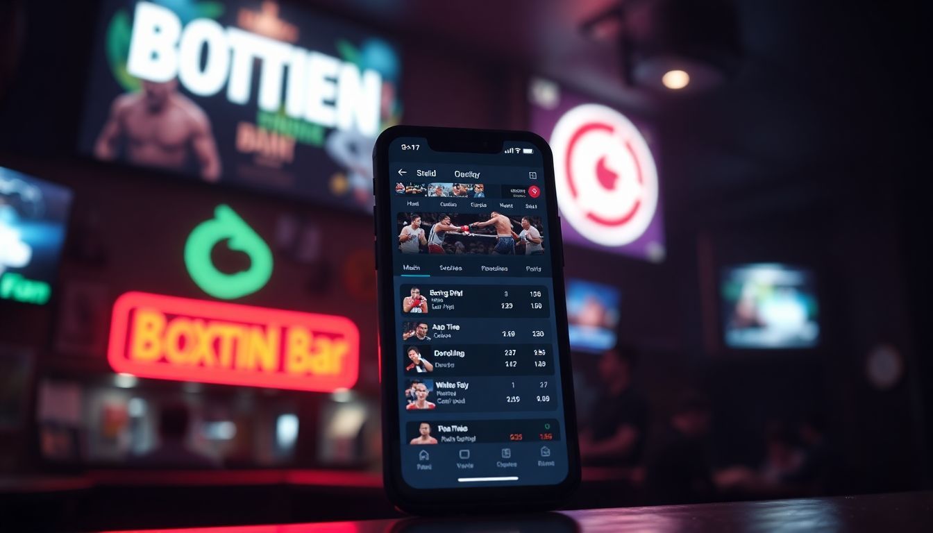 A smartphone displaying a boxing match betting app in a sports bar.