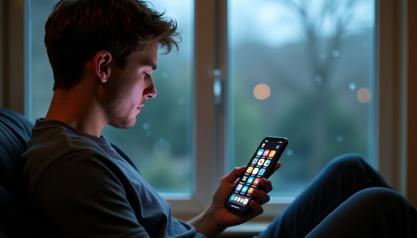 A person browsing sports betting apps on their iPhone on a rainy day.