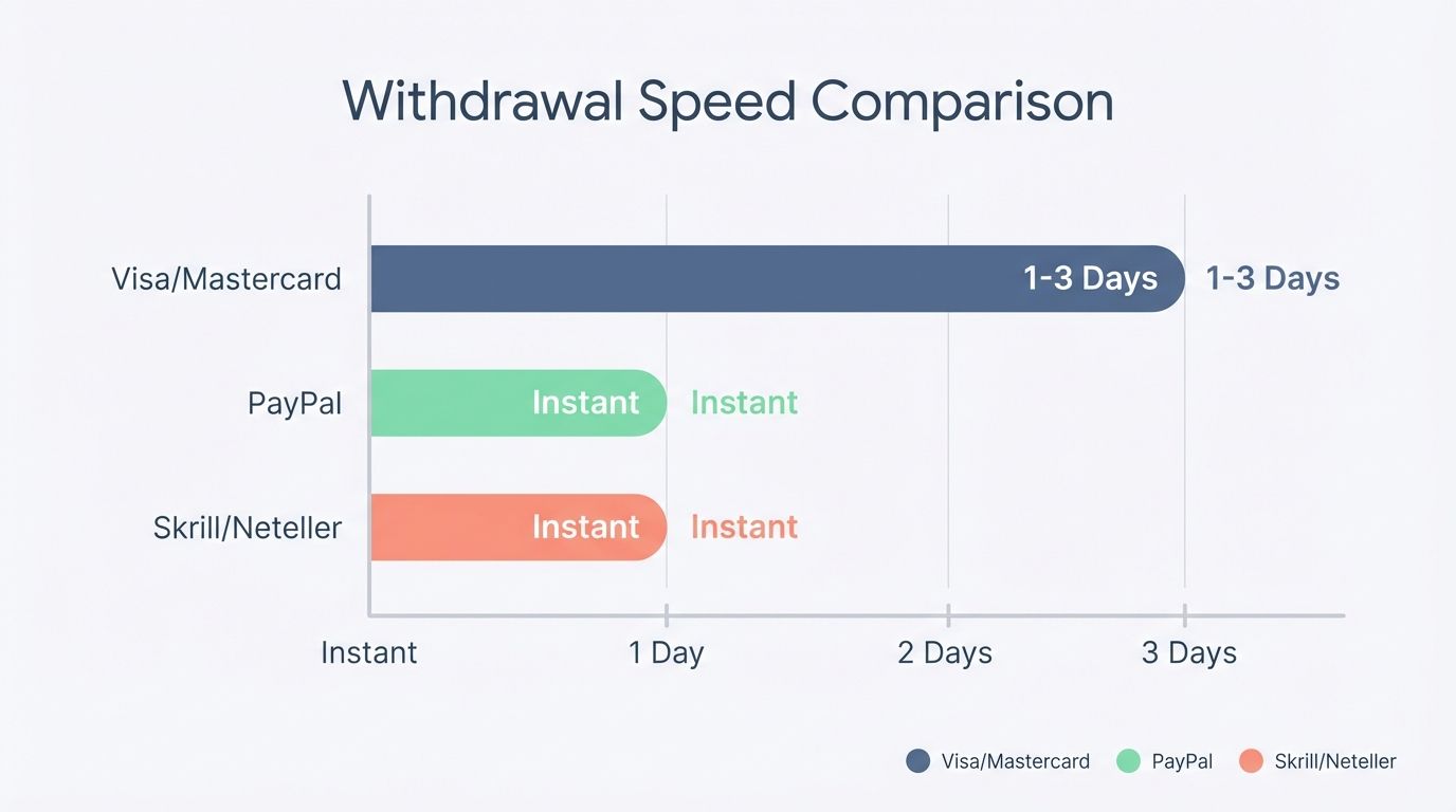 A comparison chart showing withdrawal speeds for Visa, PayPal, and Skrill.